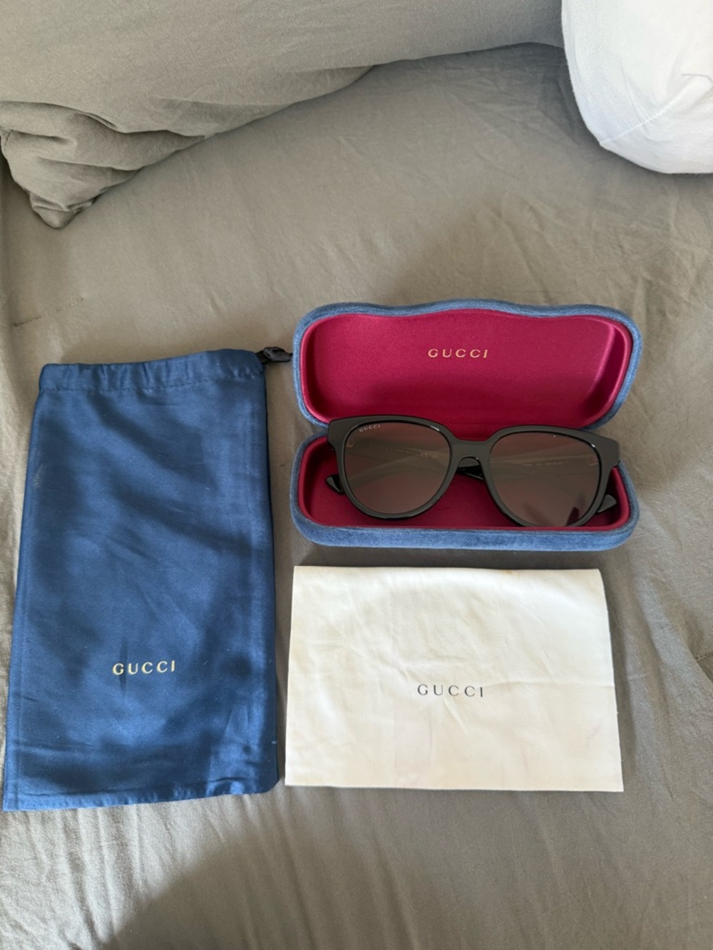 Gucci Black Sunglasses with Blue Case and Pink Interior